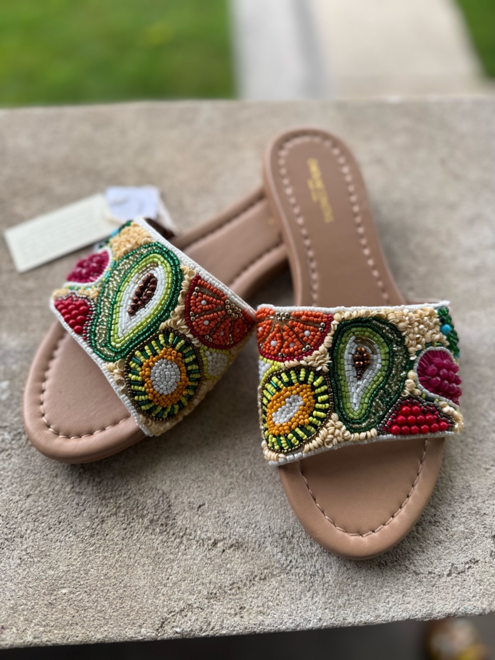 Carolina Herrera Multicolor Avocado Beaded Slide Sandals